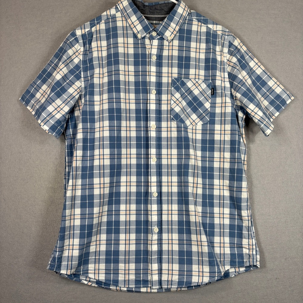 Hurley Mens Slub‎ Button Down Shirt Size M Blue Plaid Short Sleeve